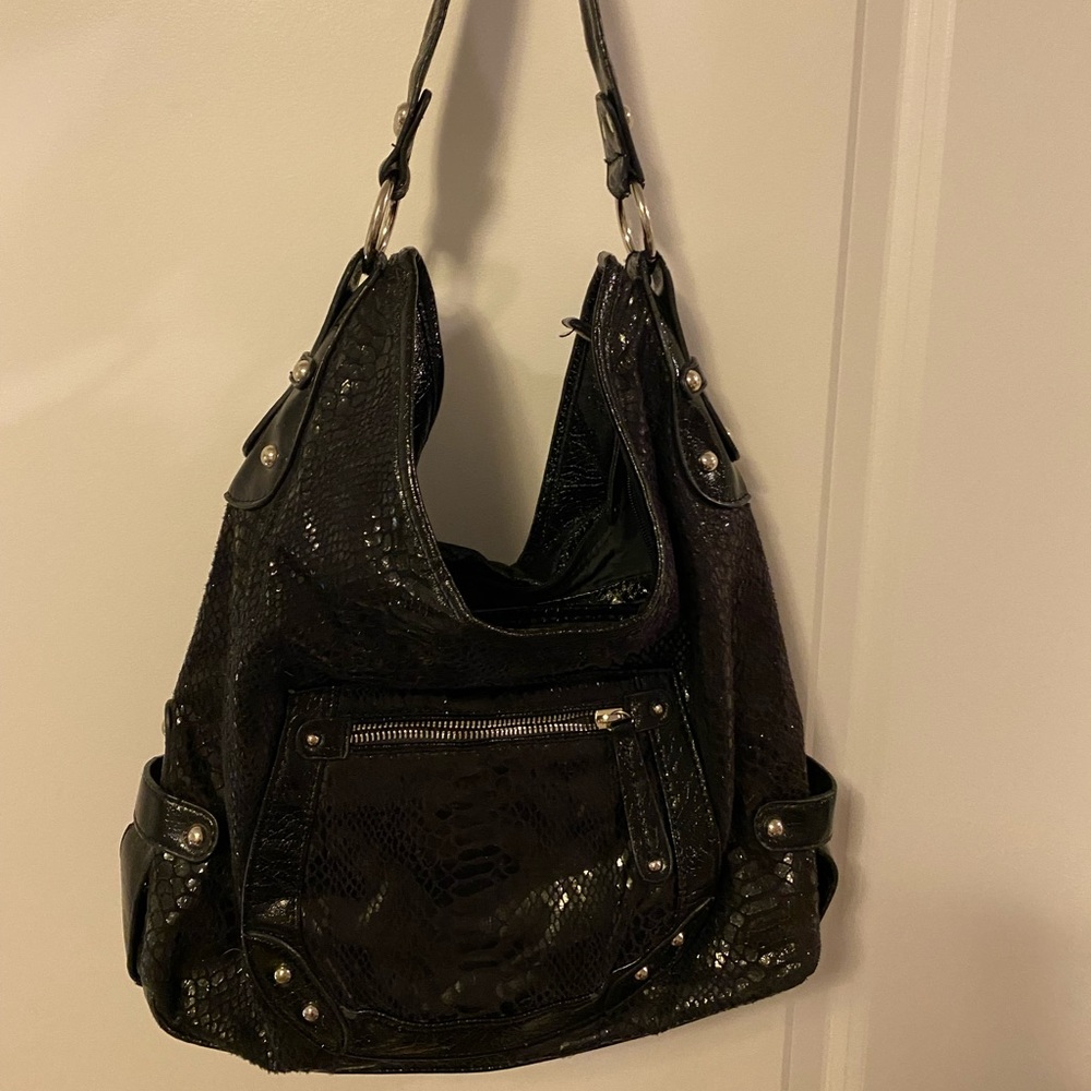 Black snakeskin slouchy shoulder bag